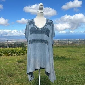 One World Blue Lace Short Sleeve Asymmetrical hem tunic top large